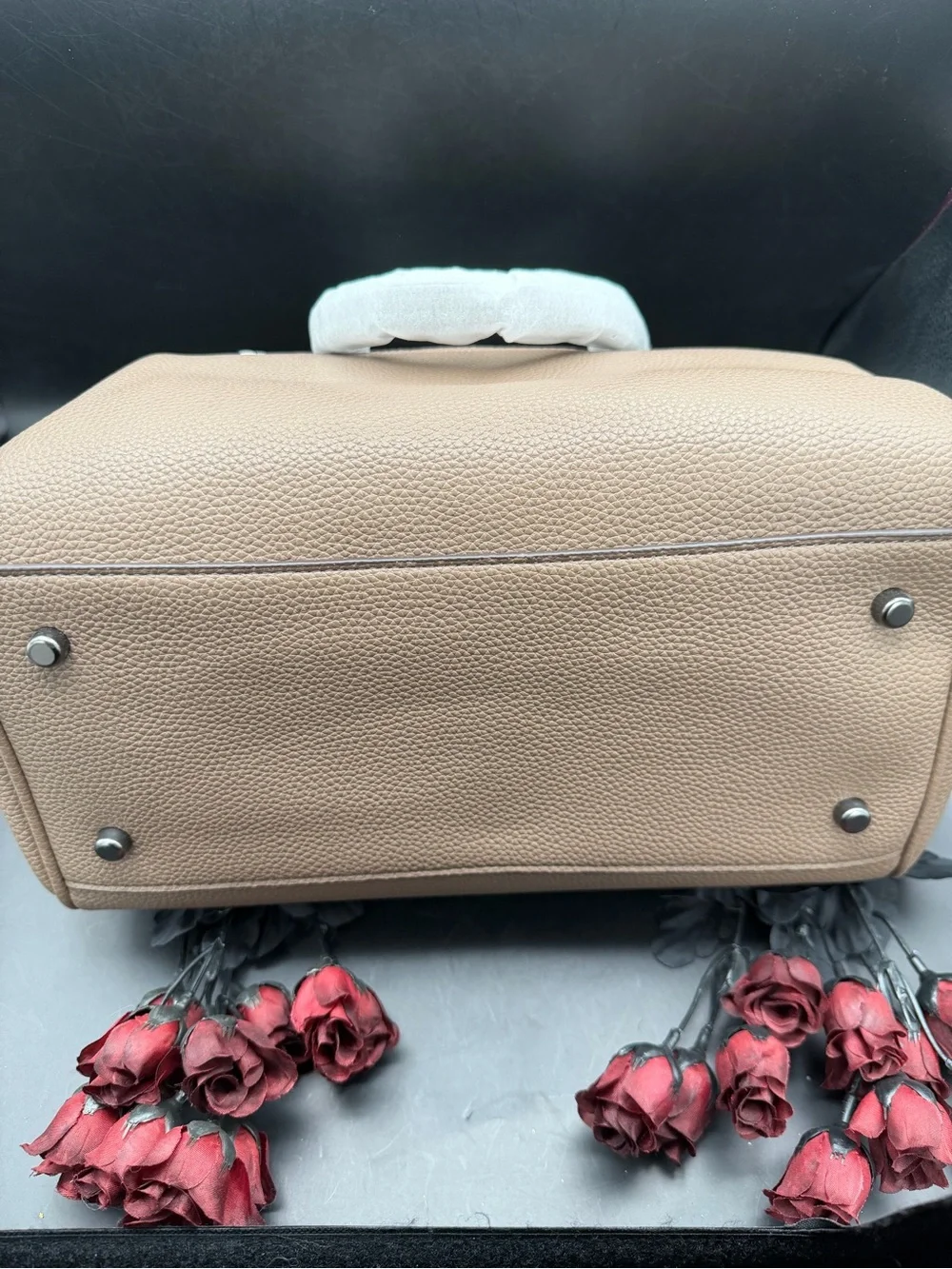 Coach Pebbled Leather Large Rowan Satchel Bag in Dark Stone / Taupe